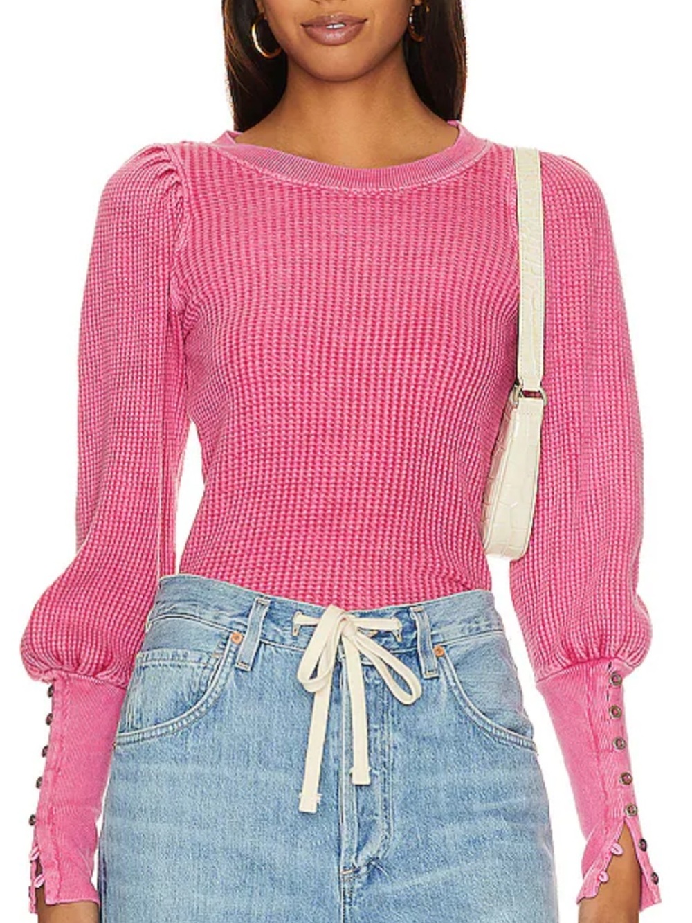 Free People FP ONE Wesley Pink Phenom* Waffle Knit Puff-Sleeve Top